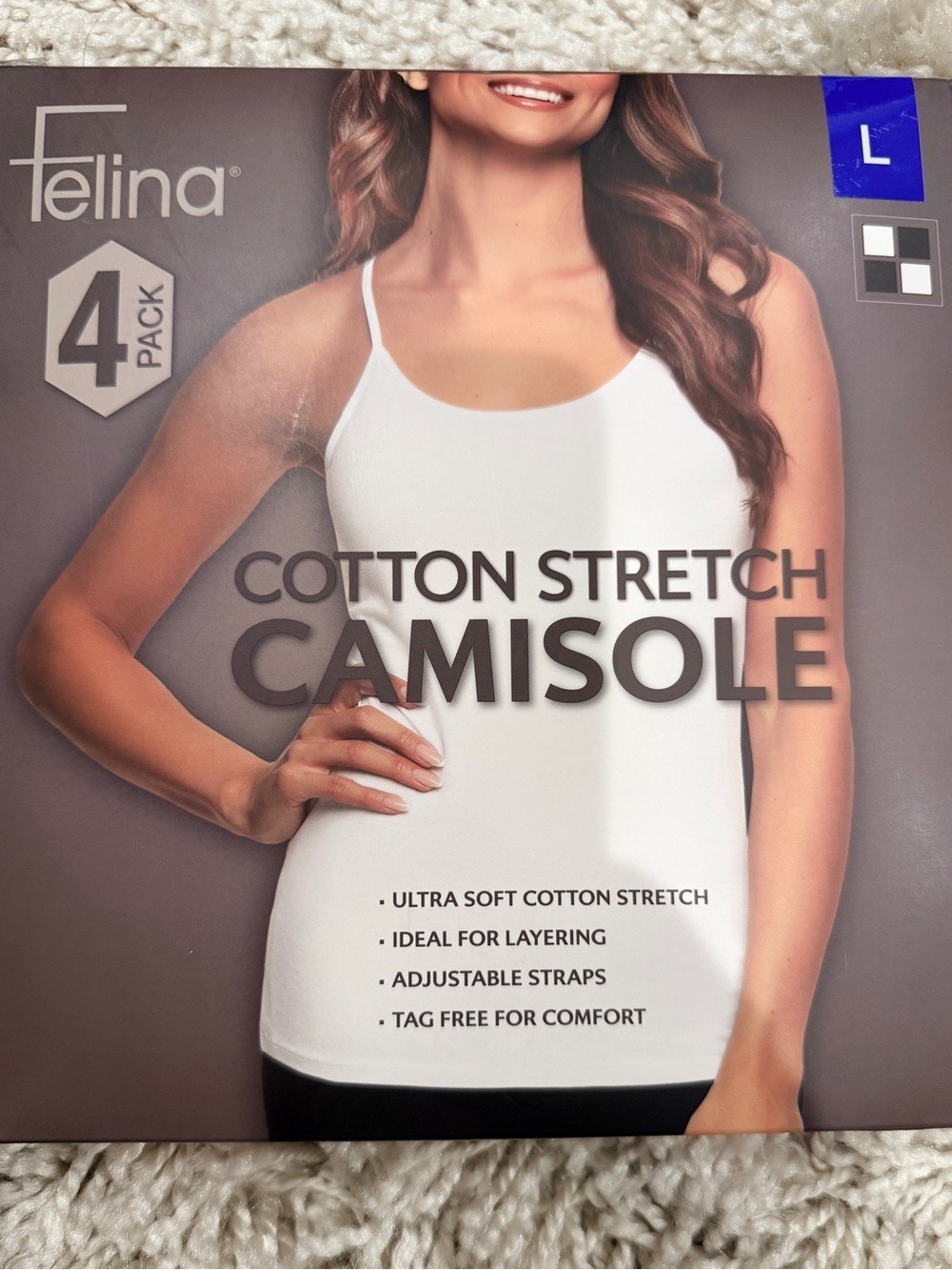 NEW With Tags - Felina 4-Pack Women's Cotton Stretch Scoop Neck Camisole Tank LG
